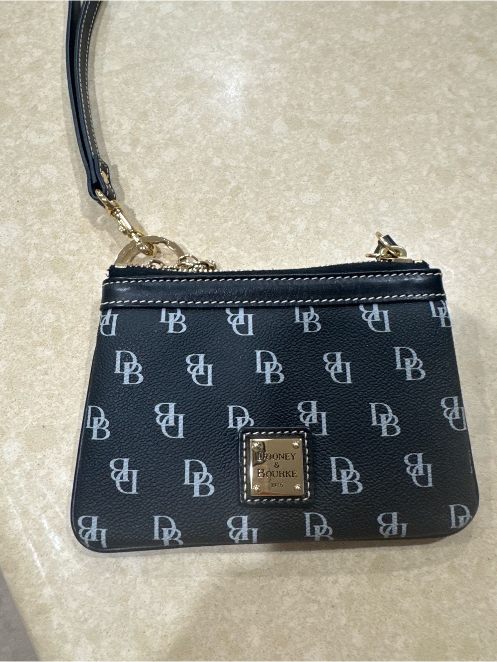 Dooney & Bourke Black DB Logo Wristlet with Gold Hardware